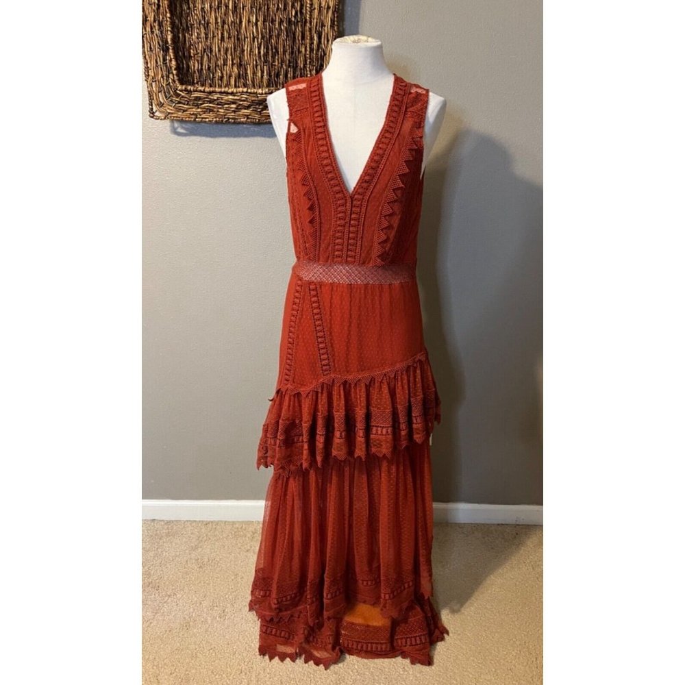 House of Harlow Sheer Tiered Maxi Dress M Medium Burnt Orange Festival - Picture 9 of 15